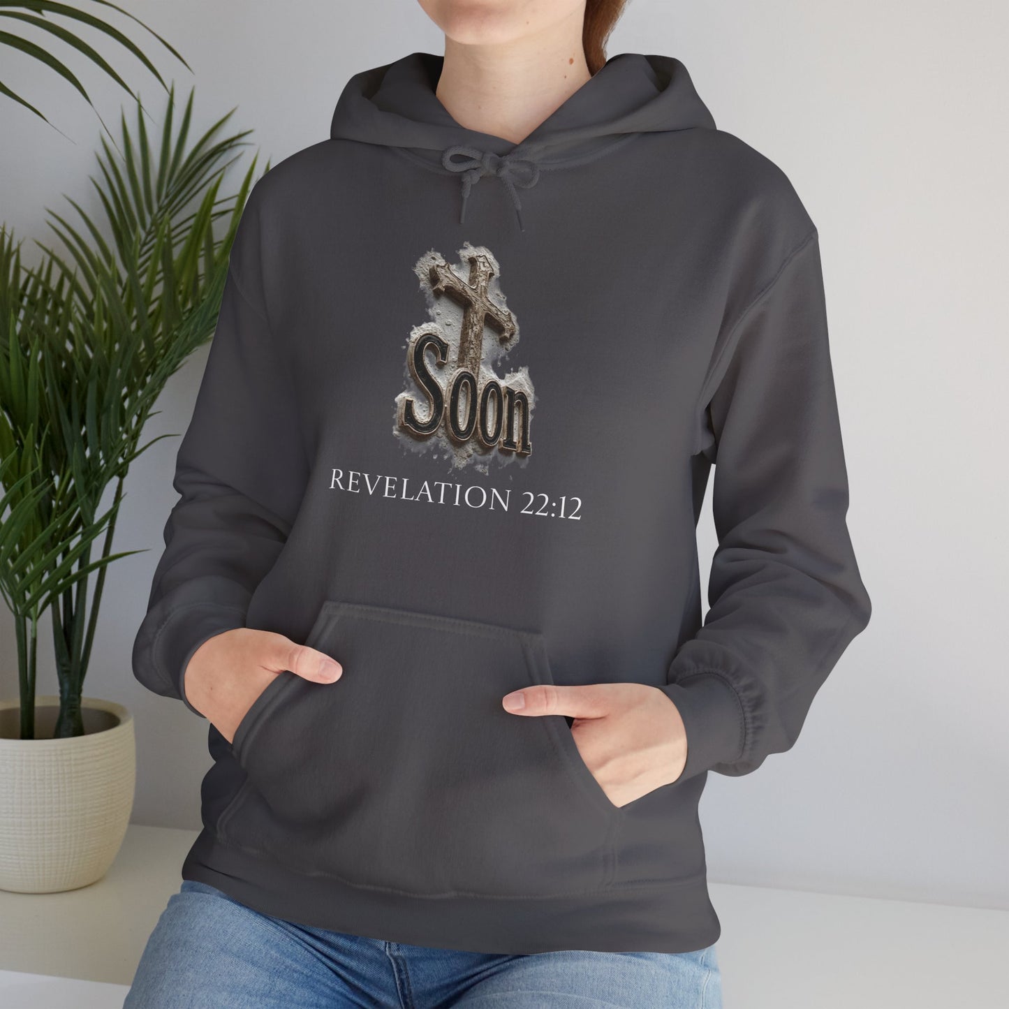Christian Women’s Hoodie – Soon Cross Hoodie with Revelation 22:12 (White Lettering)