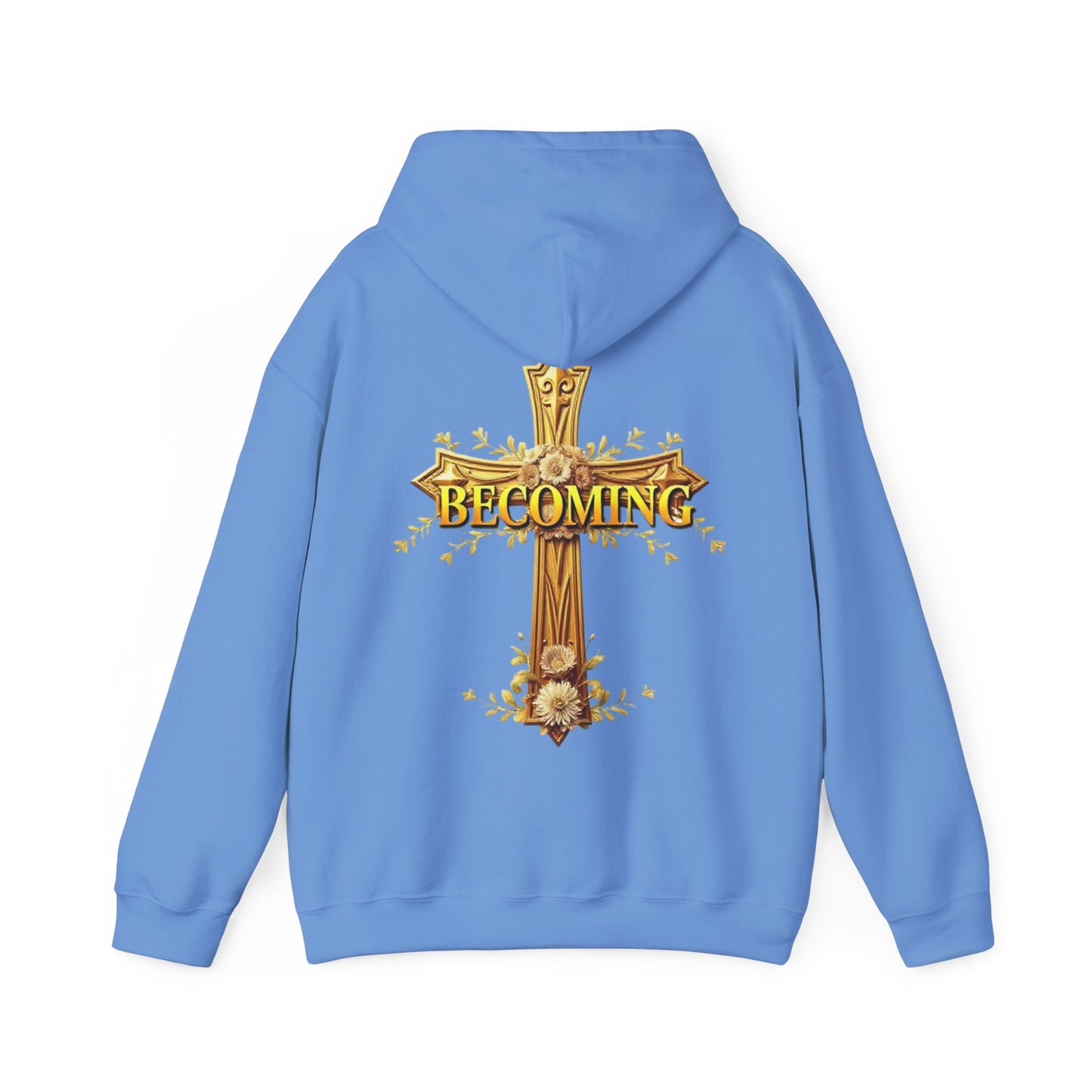 Becoming Women’s Faith Hoodie – Gold Cross Edition (1 Corinthians 15:49)