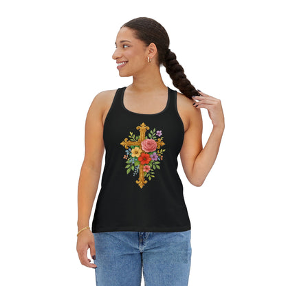 Floral Cross Women’s Christian Tank Top in Black – Beauty in the Power of the Cross