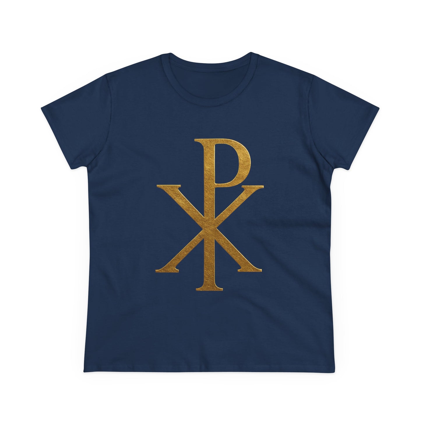 Radiant Redeemer – Women’s Gold Chi Rho Christian Tee