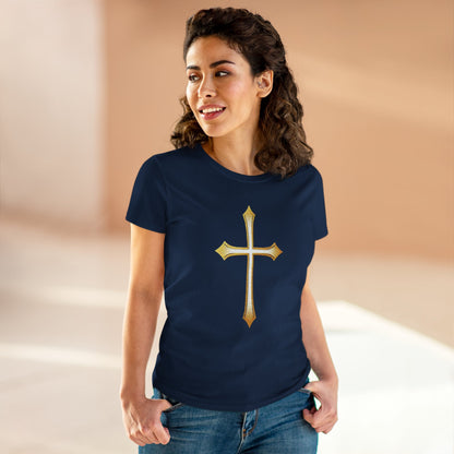 Women’s Gold Cross Tee – Christian Faith Shirt with Bold Cross Design