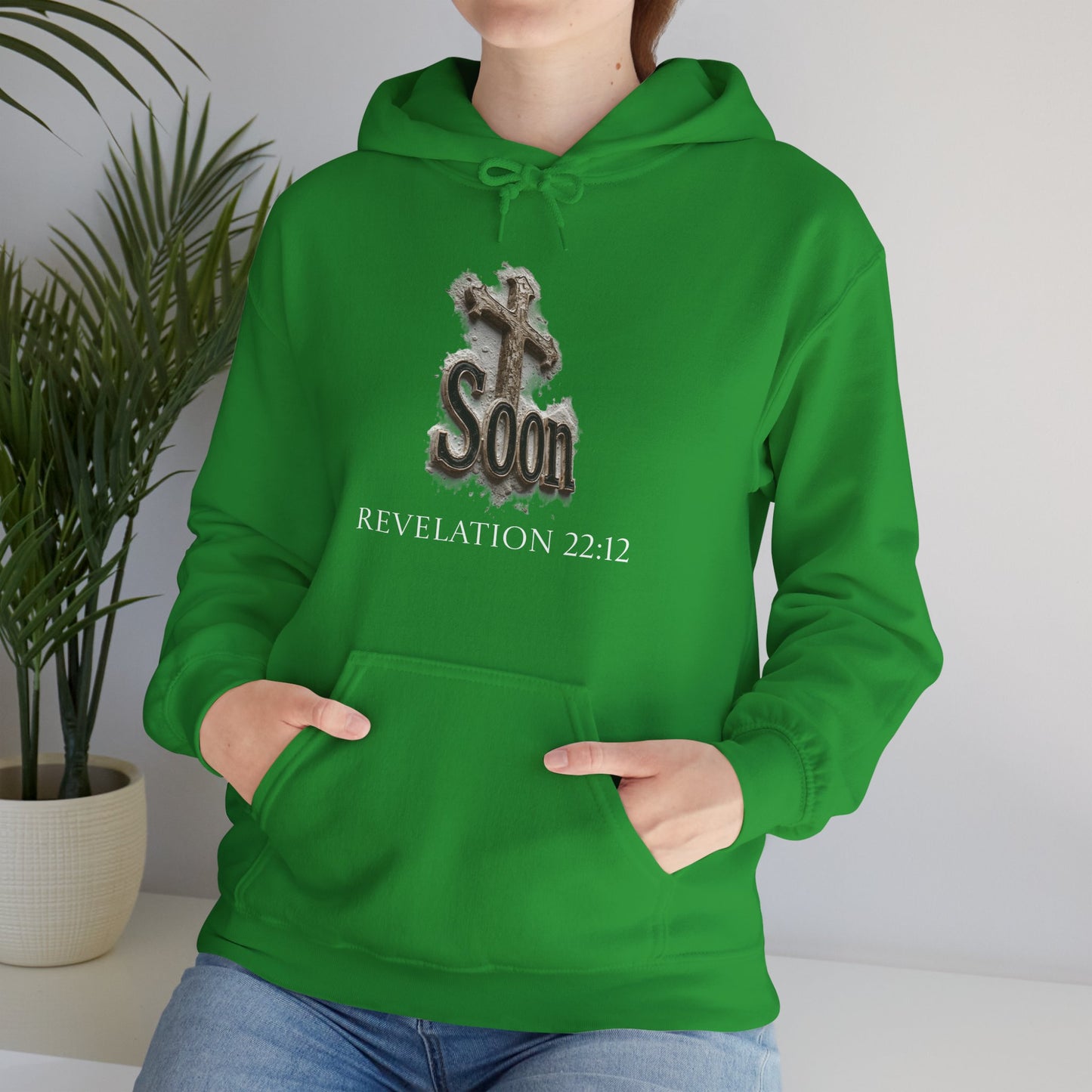 Christian Women’s Hoodie – Soon Cross Hoodie with Revelation 22:12 (White Lettering)