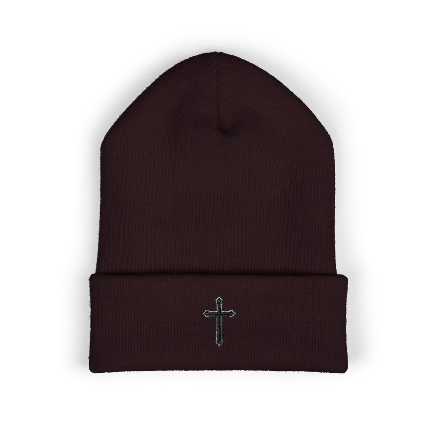 Shadowed Faith Cuffed Beanie – Black Embroidered Cross