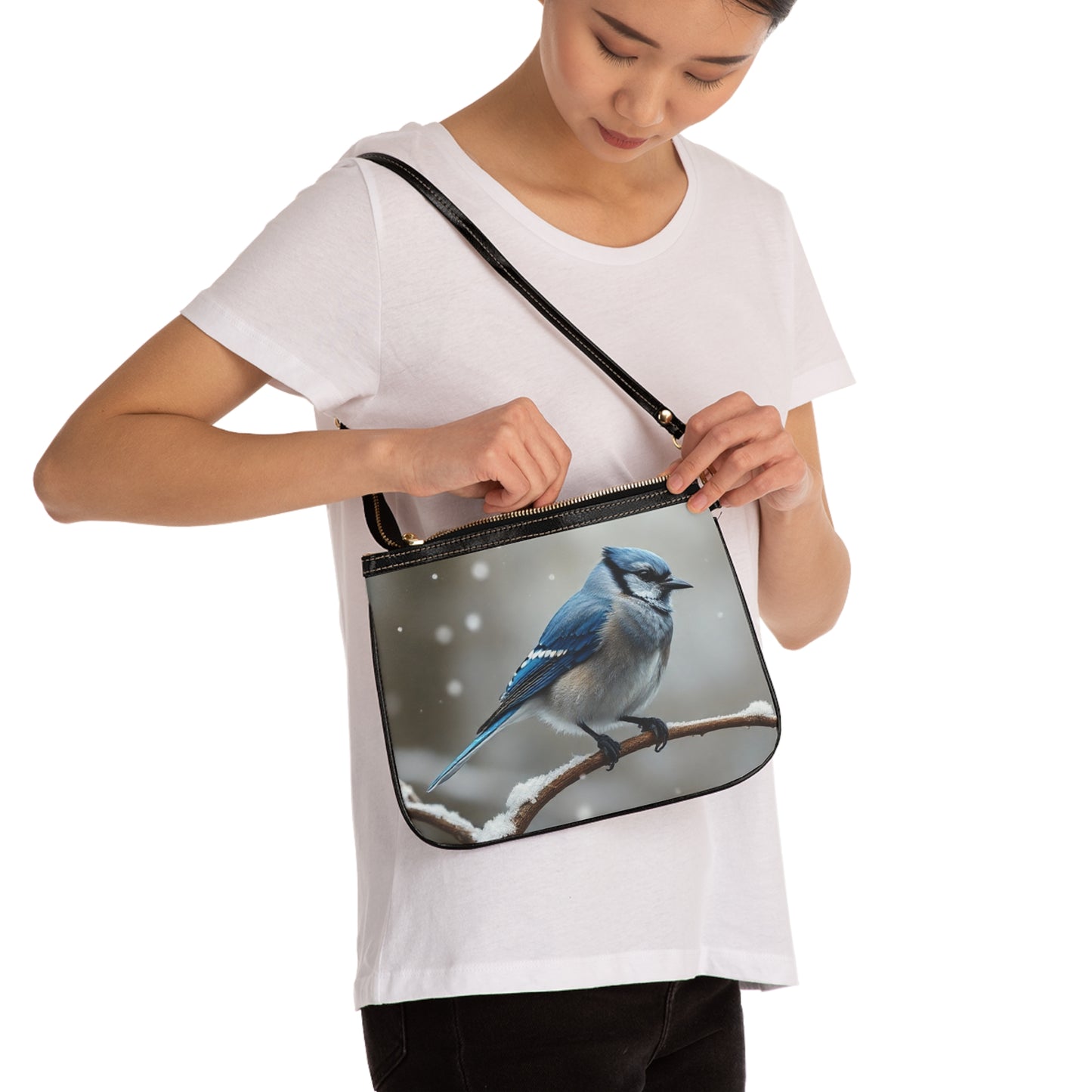 Winter Serenity Shoulder Bag – Blue Jay in Snow Scene
