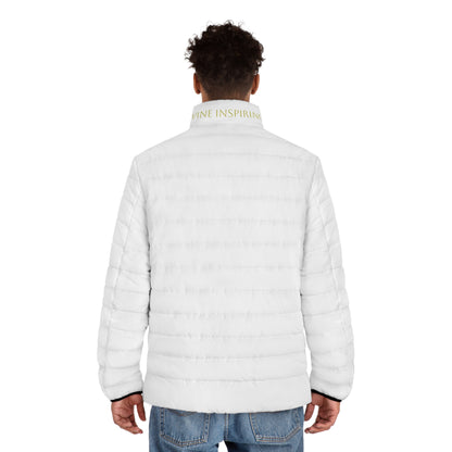 Men's White Puffer Jacket with Gold Chi Rho – Faith in Bold Contrast