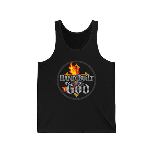 Men’s Christian Tank Top – Hand Built By God – Fire, Cross & Engine Design