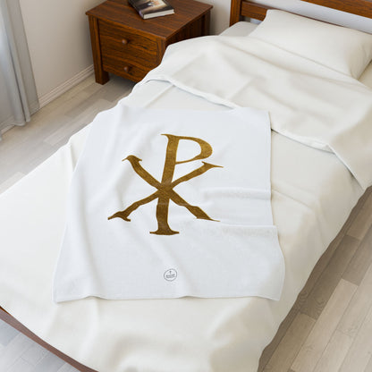 Radiant Faith Plush Blanket – Gold Chi Rho on White