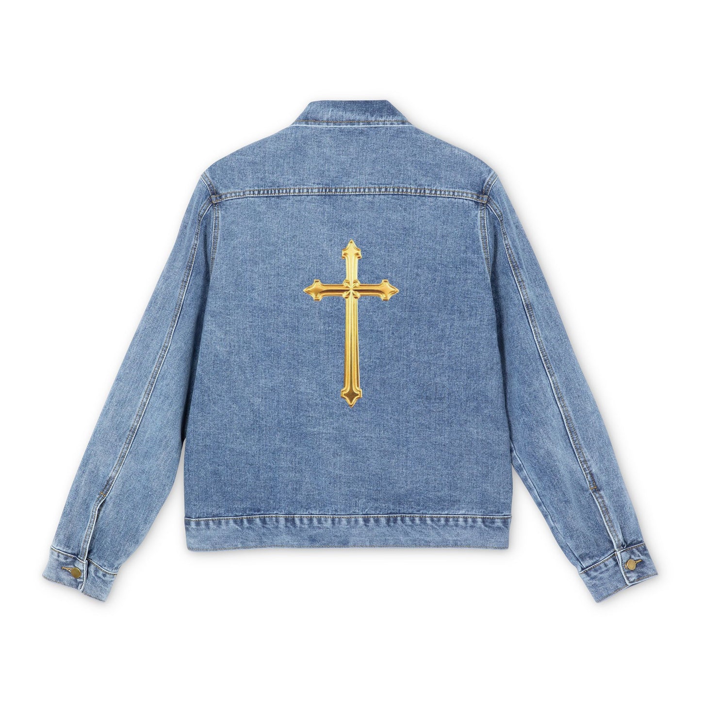 Golden Cross Denim Jacket – Strength in Glory