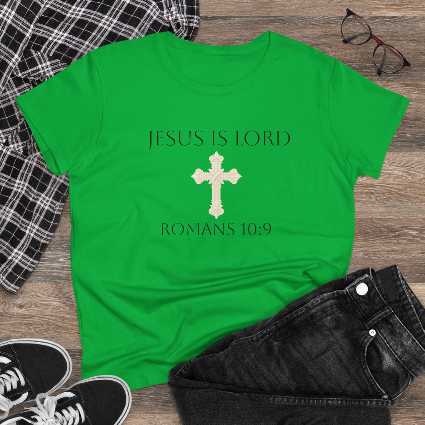 Saved & Sure – Women’s Softstyle Faith Tee (Romans 10:9) (Dark Lettering)