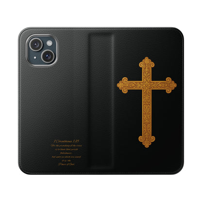 Black with Gold Cross & 1 Corinthians 1:18 - iPhone Flip/Wallet Phone Case