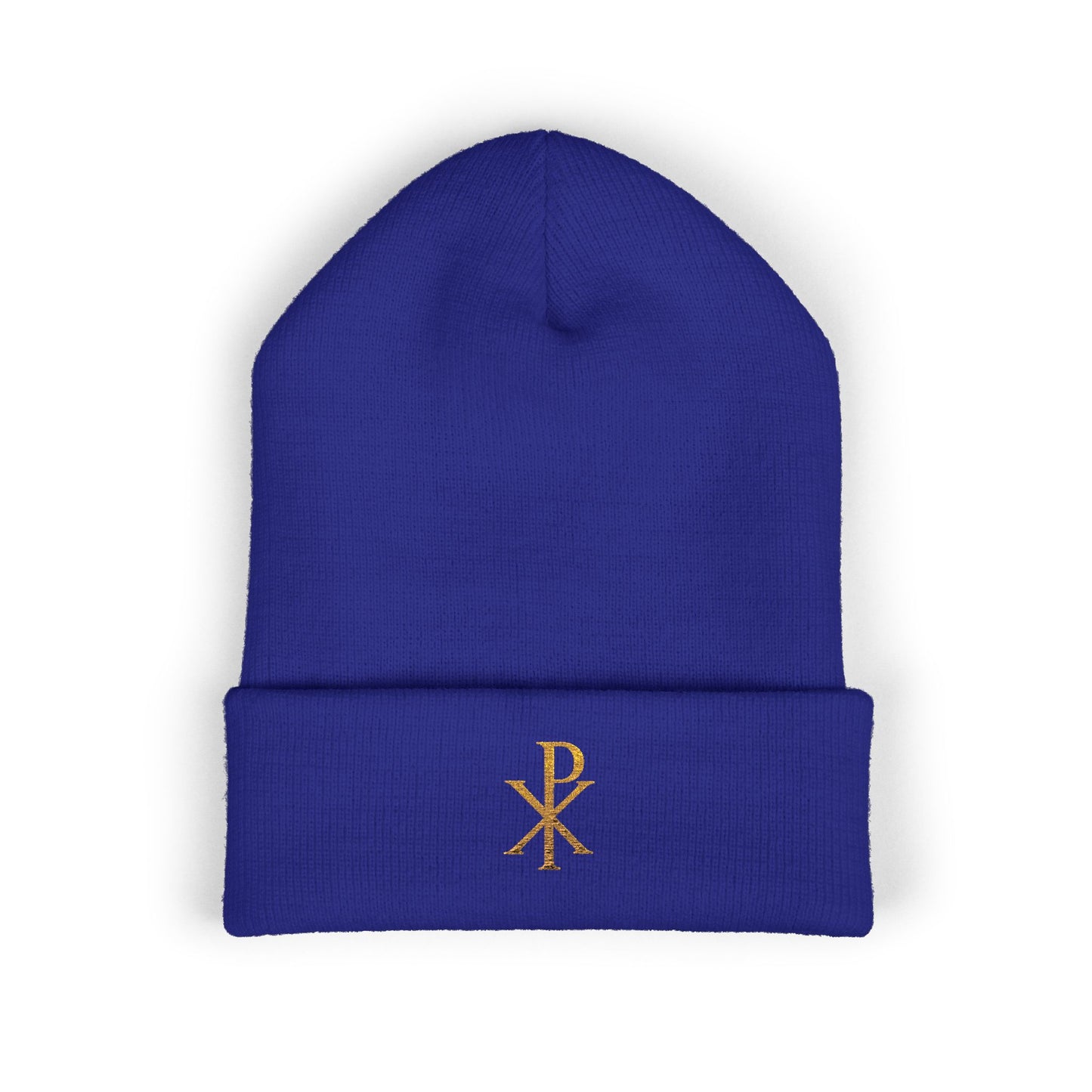 Radiant Faith Cuffed Beanie – Gold Chi Rho Embroidery