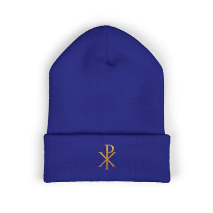 Radiant Faith Cuffed Beanie – Gold Chi Rho Embroidery