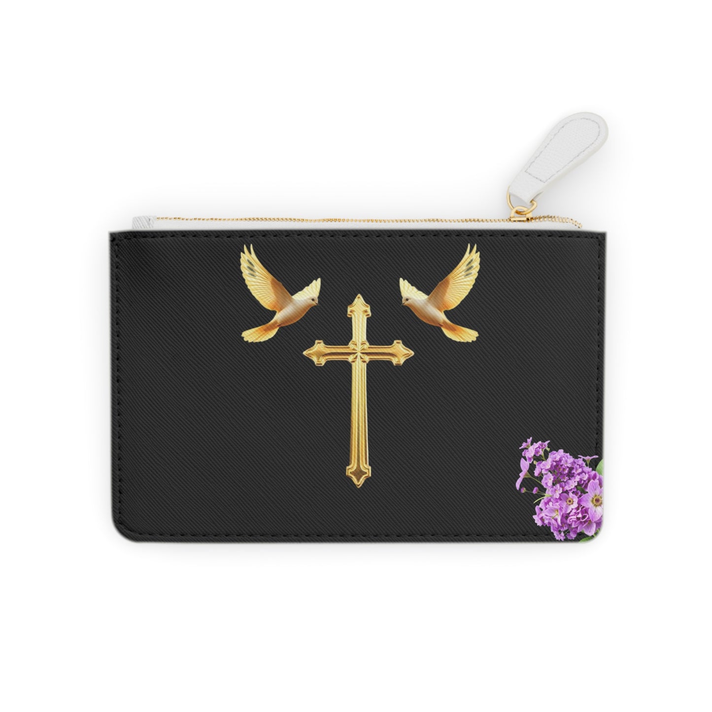 “Heaven’s Embrace” | Women’s Mini Clutch in Black – Gold Cross with Flying Doves