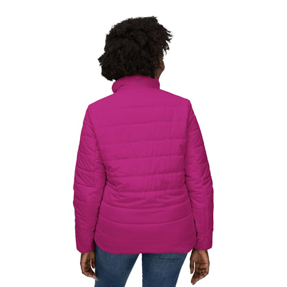Blooming Faith Women’s Puffer Jacket in Fuchsia – Floral Cross Crest