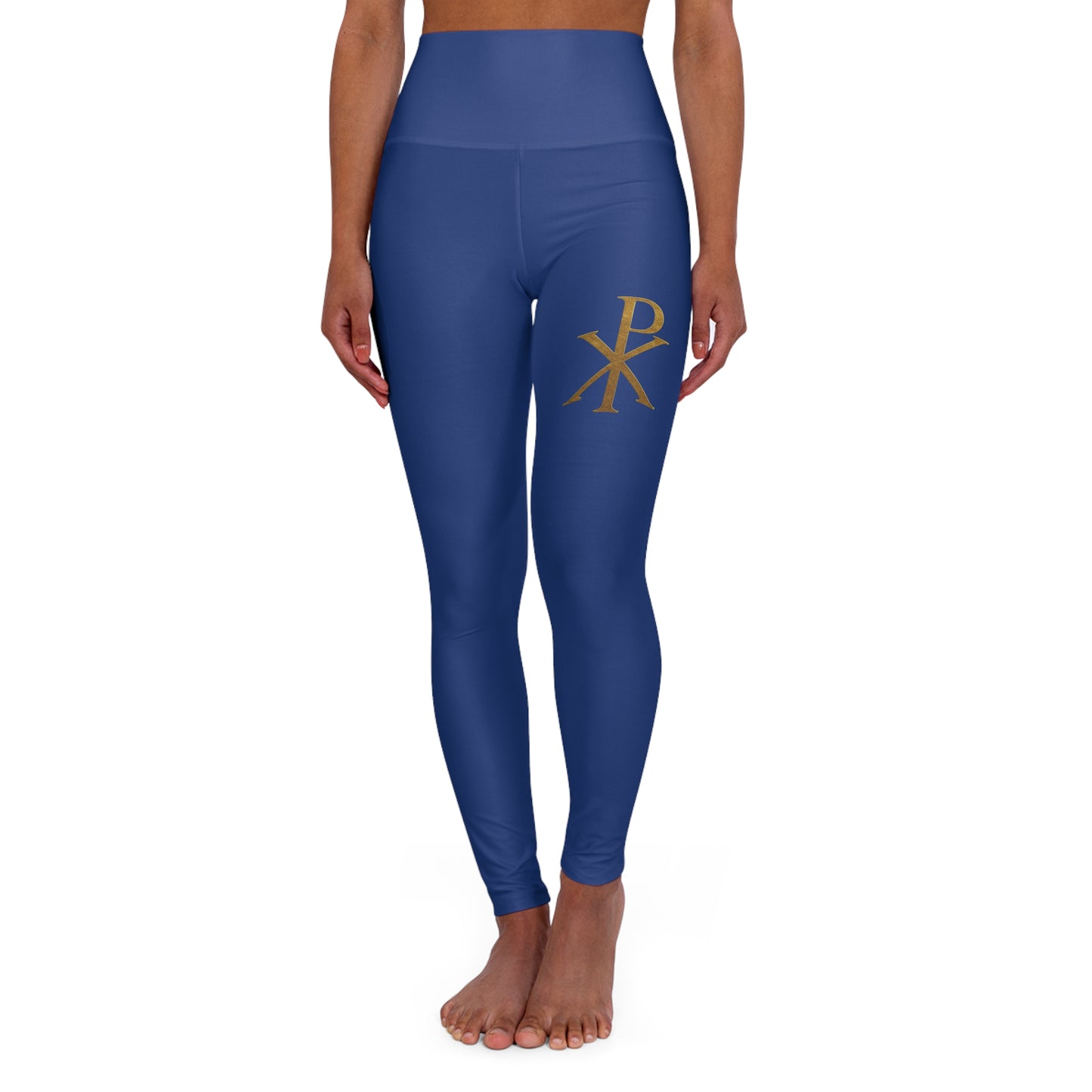 Chi Rho Women’s High-Waisted Yoga Leggings in Blue – Strength and Victory in Christ