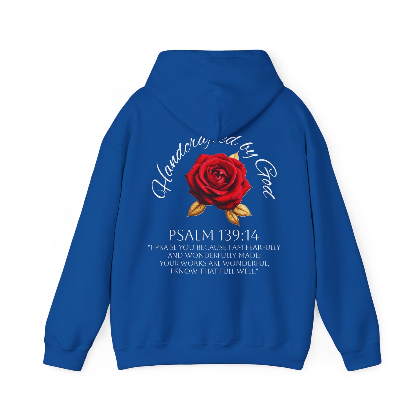 Handcrafted by God Rose Hoodie – White Lettering, Psalm 139:14