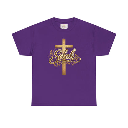 Selah Cross Tee — Women's Christian T‑Shirt with Gold Script