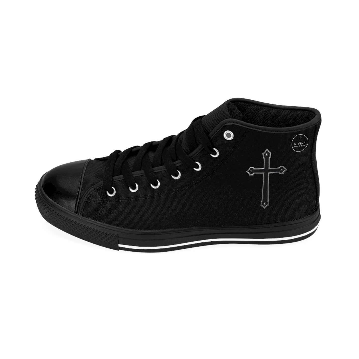 Faithful Stride Shadow – Men’s Black High-Top Sneakers with Black Cross, Black Sole & Tongue