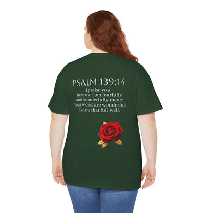 Handcrafted by God (Rose) - Woman's Christian T-Shirt (White Lettering)
