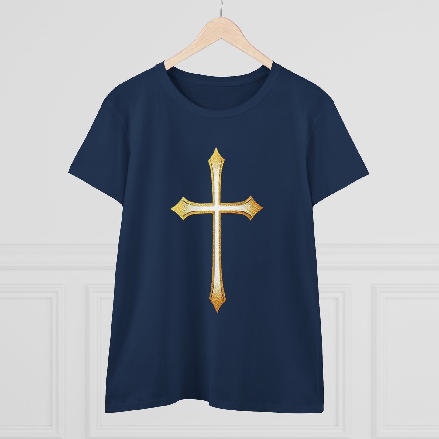 Women’s Gold Cross Tee – Christian Faith Shirt with Bold Cross Design