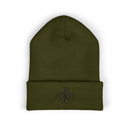 Eternal Light Cuffed Beanie – Black Chi Rho with Alpha & Omega