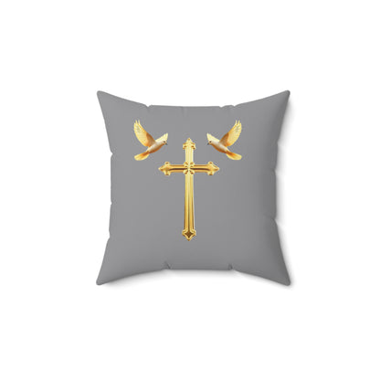 Soaring in Faith in Grey – Gold Cross & Doves Throw Pillow