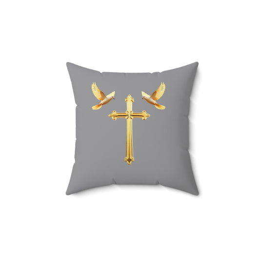 Soaring in Faith in Grey – Gold Cross & Doves Throw Pillow