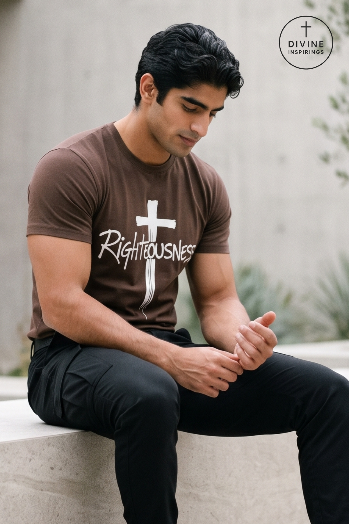 A man wearing a brown t-shirt with a white cross and the word 'Righteousness' sitting on a concrete ledge. The Divine Inspirings brand logo is visible in the top right corner.