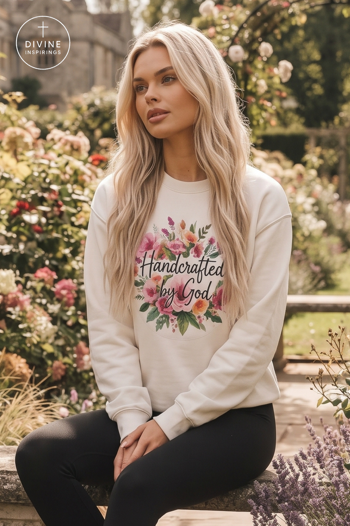 A woman with long blonde hair sits outdoors in a garden setting, wearing a cream-colored crewneck sweatshirt with a colorful floral graphic and the text 'Handcrafted by God' on the front. She is also wearing black leggings.