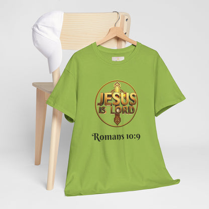 Men’s Romans 10:9 Christian T-Shirt – Jesus Is Lord & He Is Risen (Dark Lettering)