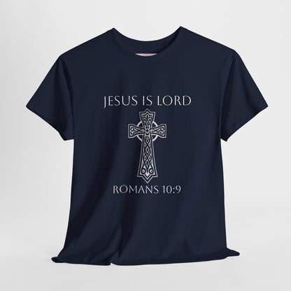 Jesus Is Lord – Romans 10:9 Men’s Bold Faith Tee (White Lettering)