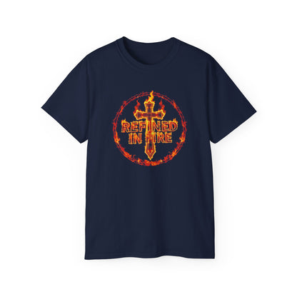 Men’s “Refined in Fire” Christian T-Shirt – Flame Text Spiritual Strength Tee