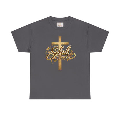 Selah Cross Tee — Women's Christian T‑Shirt with Gold Script