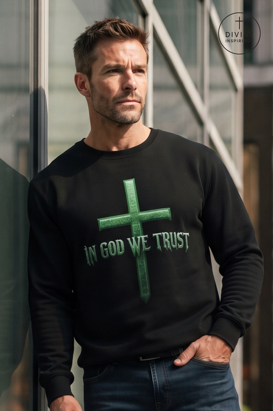 A man wearing a black crewneck sweatshirt with a green cross graphic and the text 'IN GOD WE TRUST' printed on the front, paired with blue jeans, standing outdoors near a glass building.