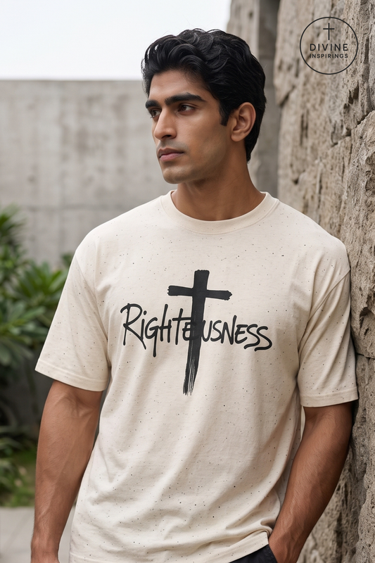 A man wearing a light beige t-shirt with a black graphic print of a cross and the word 'Righteousness' leaning against a stone wall. A circular 'DIVINE INSPIRINGS' brand logo is visible in the top right corner.