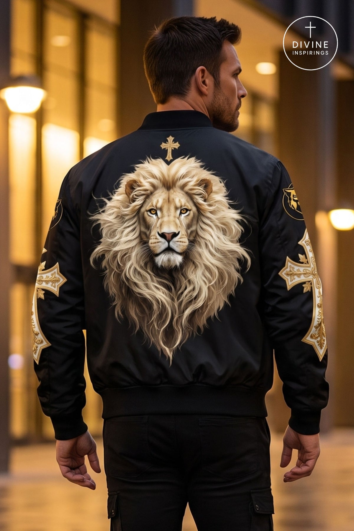 A man viewed from behind wearing a black bomber jacket with a large detailed lion graphic on the back and gold decorative patches on the sleeves. The background is a softly blurred warm-toned indoor hallway.