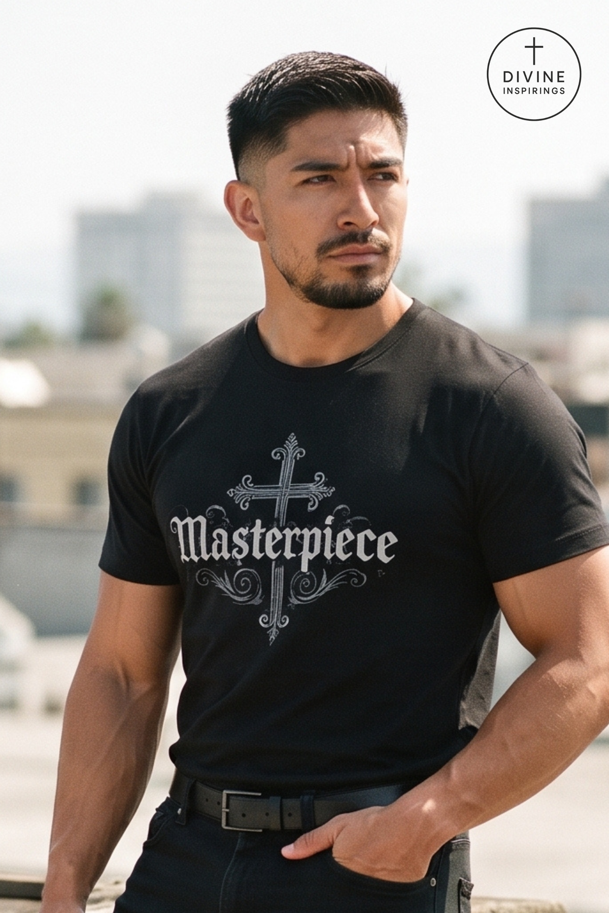 A muscular man wearing a black t-shirt with a white gothic-style cross and the word 'Masterpiece' printed on the front, set against a blurred outdoor city background. A circular 'DIVINE INSPIRINGS' logo is visible in the top right corner.