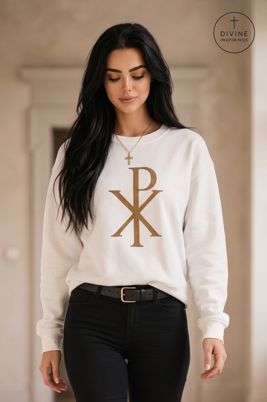 A woman wearing a white crewneck sweatshirt with a gold Chi-Rho monogram on the front, paired with black pants and a black belt. The background is a softly blurred indoor setting with warm beige tones.