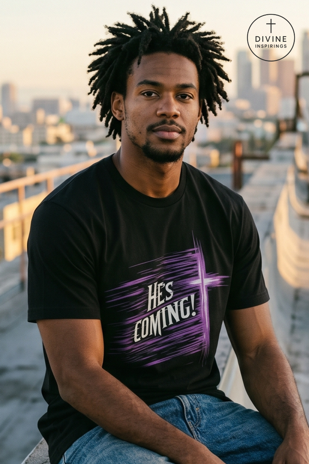 A man wearing a black graphic t-shirt with a purple and white 'HES COMING!' design, sitting outdoors on a rooftop with a city skyline in the background. A 'DIVINE INSPIRINGS' brand logo is visible in the top right corner.