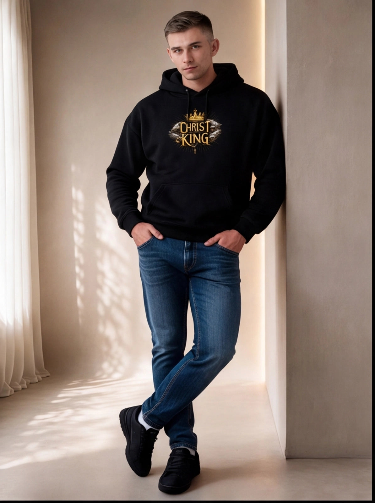 Man wearing a black hoodie with a logo and text, standing in a softly lit room.
