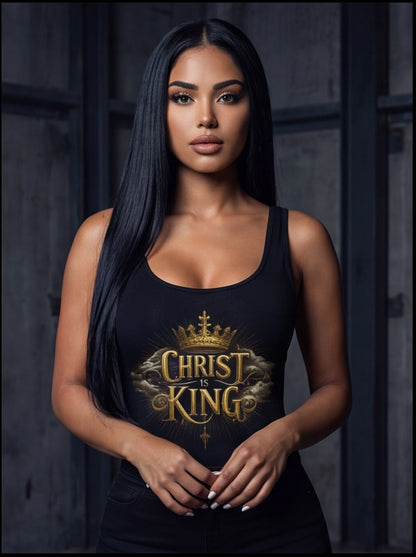 Woman wearing a black tank top with 'Christ is King' text and crown graphic.
