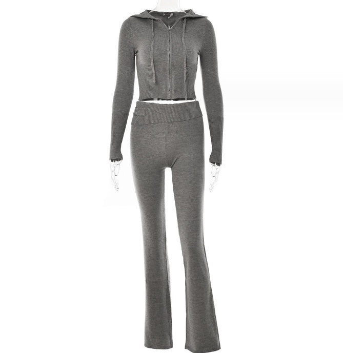 Gray knit hoodie and pants set on a white background