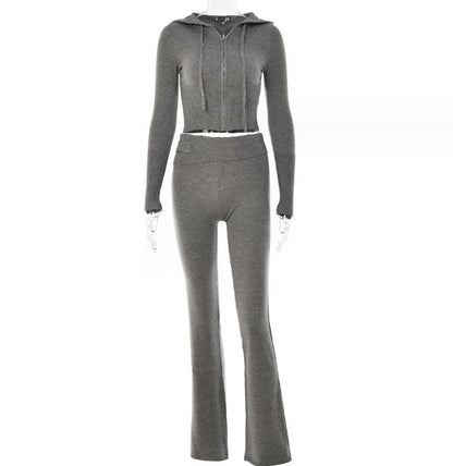 Gray knit hoodie and pants set on a white background