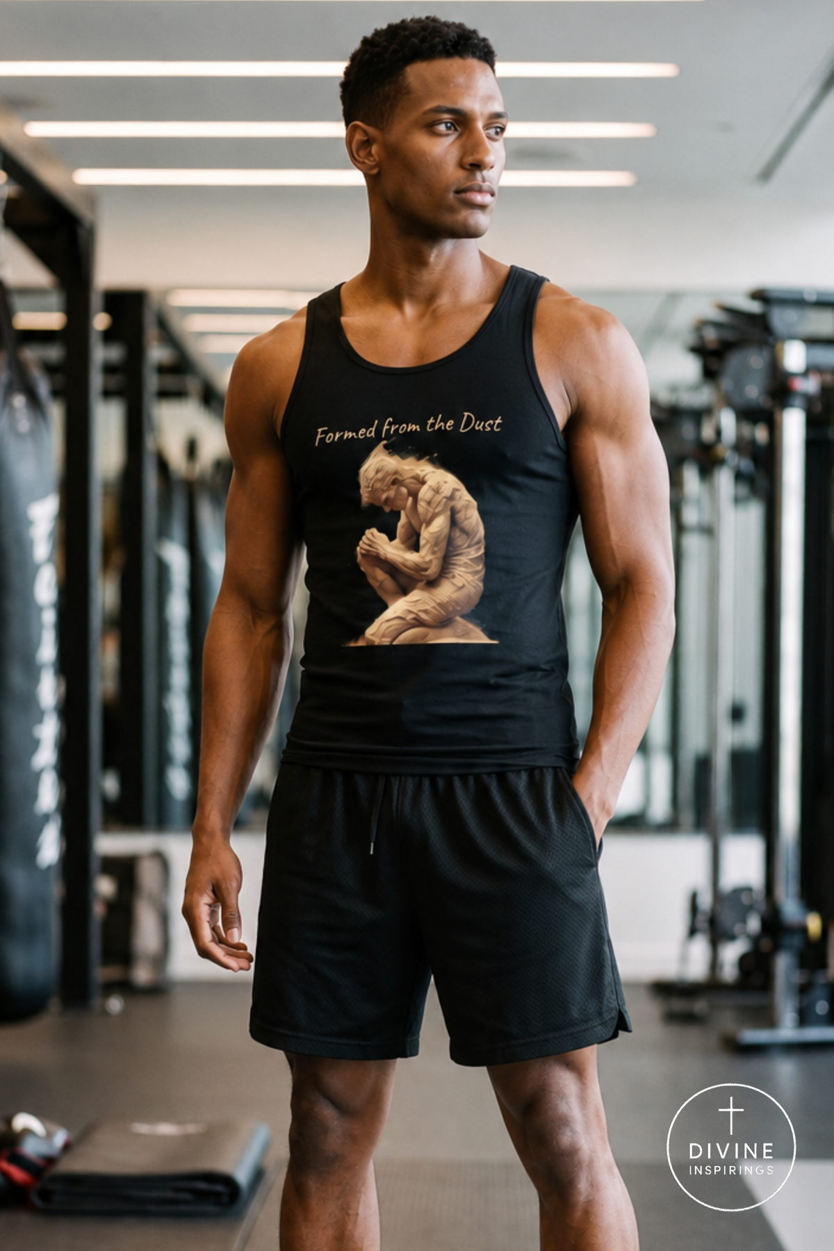 A man in a gym wearing a black tank top with a graphic of a classical statue and the text 'Formed from the Dust', paired with black athletic shorts. The background shows gym equipment and mirrors.