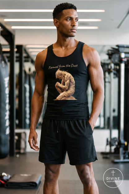 A man in a gym wearing a black tank top with a graphic of a classical statue and the text 'Formed from the Dust', paired with black athletic shorts. The background shows gym equipment and mirrors.