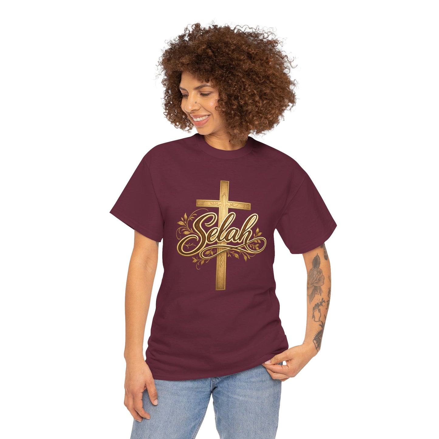 Selah Cross Tee — Women's Christian T‑Shirt with Gold Script