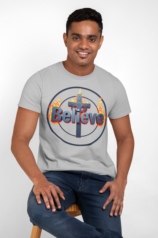 Men’s “Believe” Christian T-Shirt – Faith & Hope Tee with Cross Design