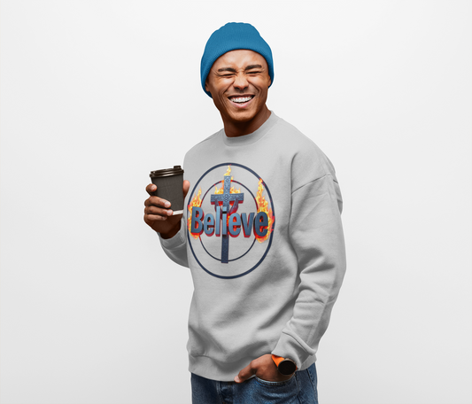 'Believe' Christian Sweatshirt – Bold Faith Pullover with Cross
