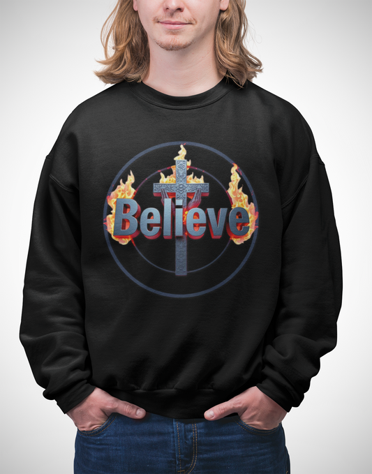 Men’s “Believe” Christian Sweatshirt – Bold Faith Pullover with Cross