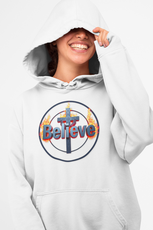 Women’s “Believe” Christian Hoodie – Faith & Hope Pullover with Cross